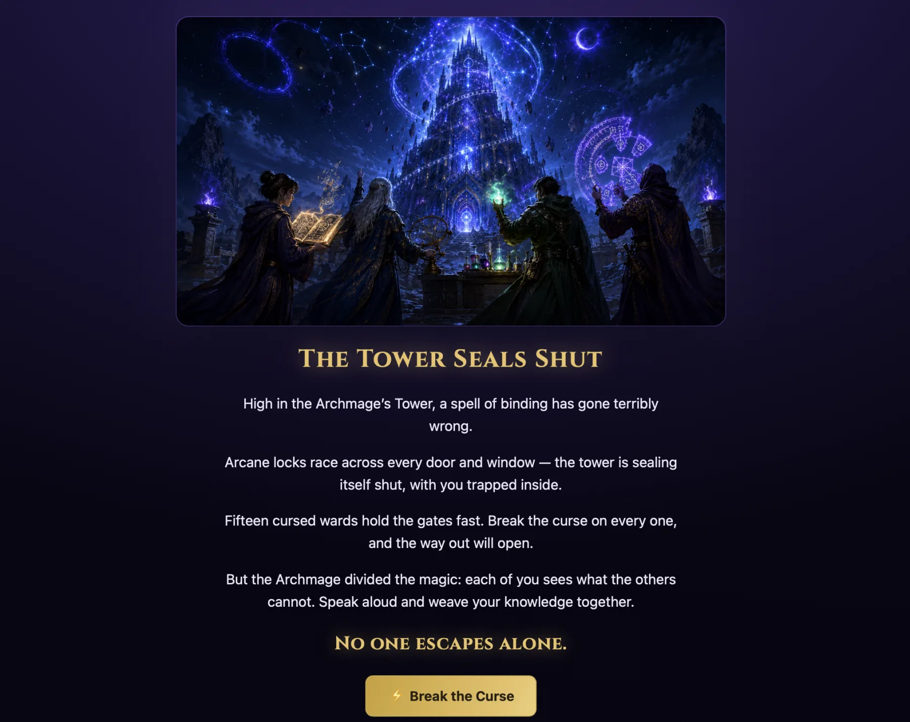 Four robed mages stand before the Archmage's Tower as arcane locks seal it shut