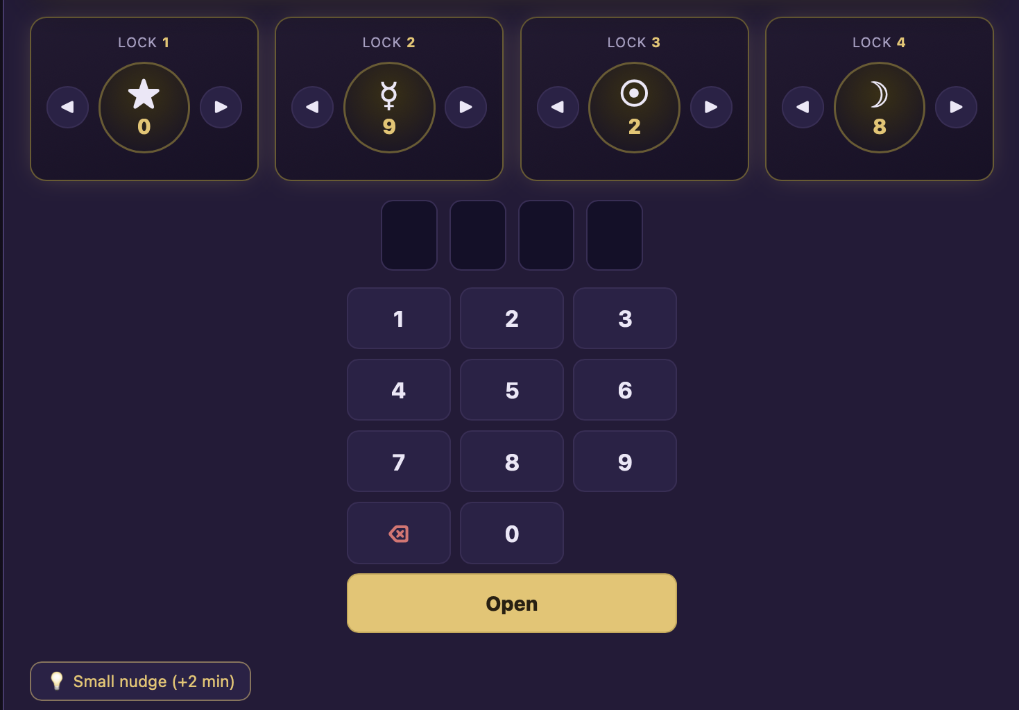 A four-lock vault with a keypad, each lock marked by a celestial symbol