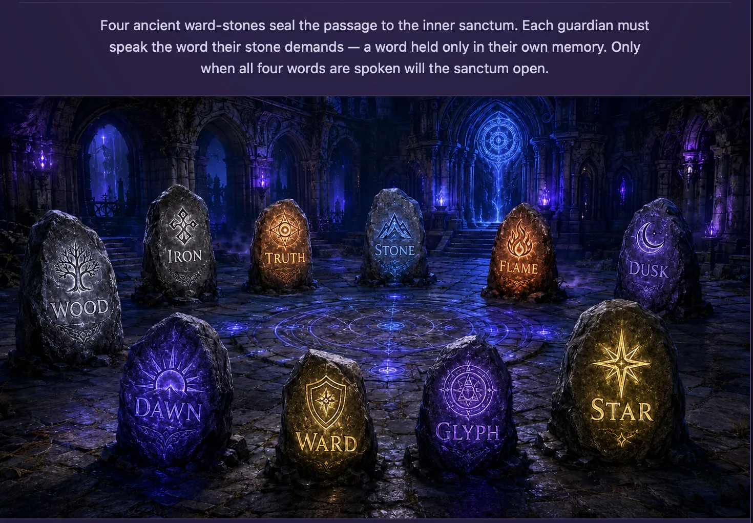 A circle of glowing ward-stones, each carved with a different rune