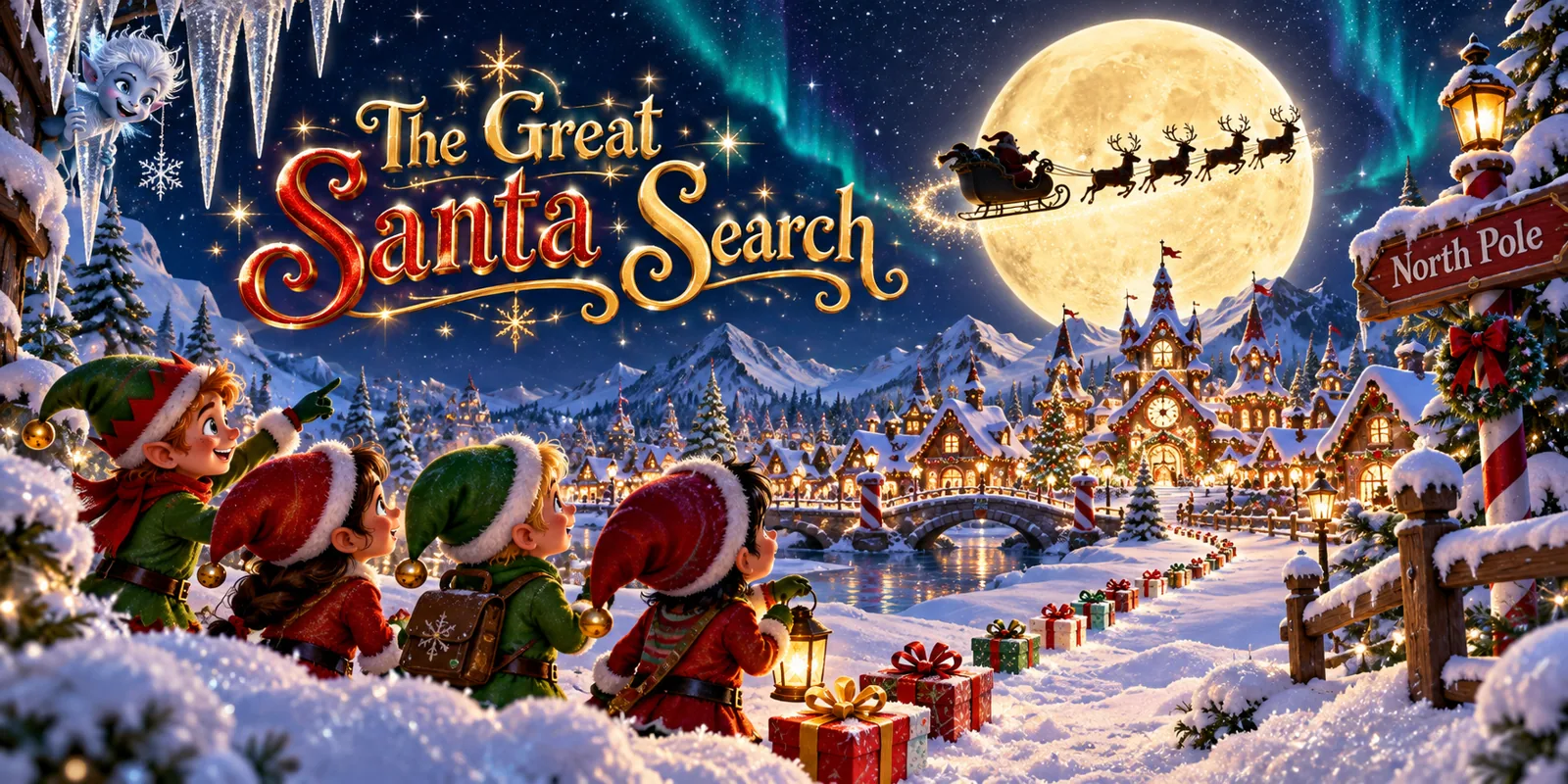 Four elves watch Santa's sleigh cross a full moon over a snowy North Pole village — The Great Santa Search