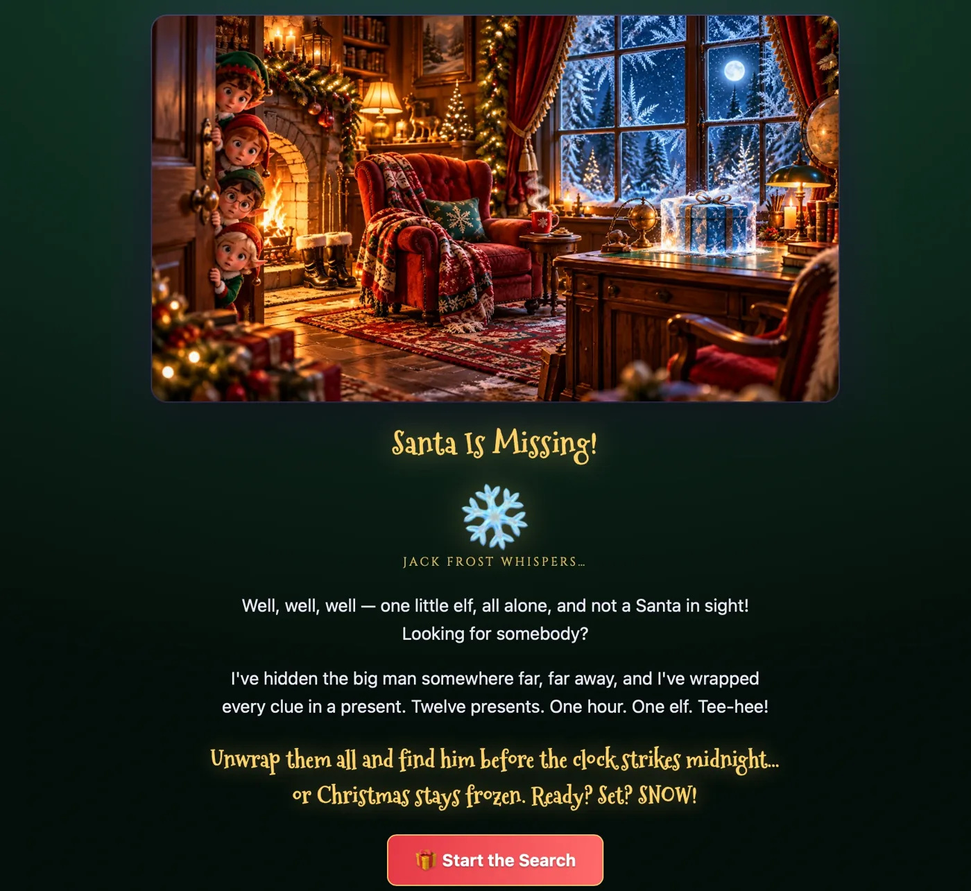 Opening screen: 'Santa Is Missing!' with Jack Frost's challenge — twelve presents, one hour