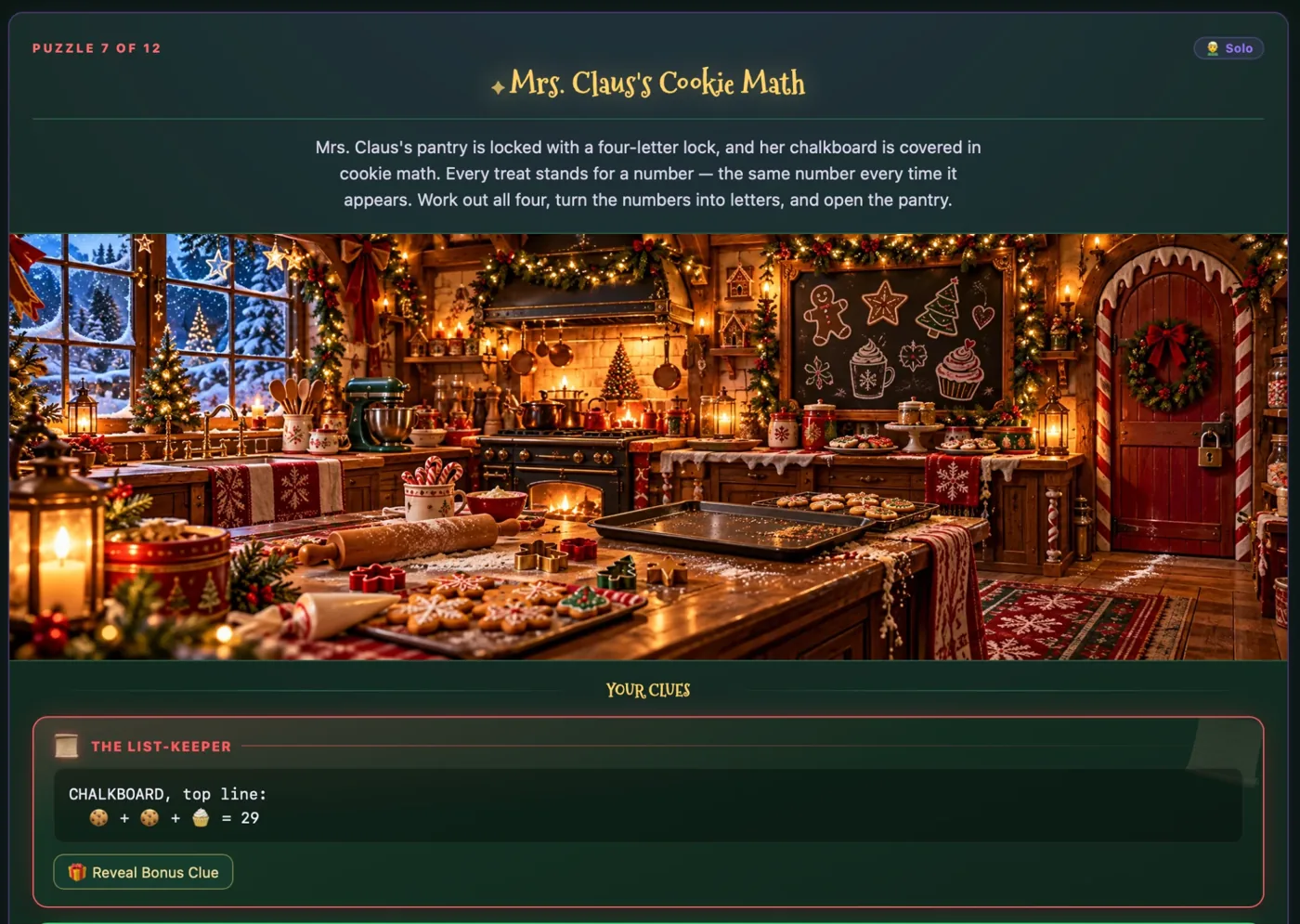A puzzle in Mrs. Claus's kitchen, with the List-Keeper's private clue card below the art