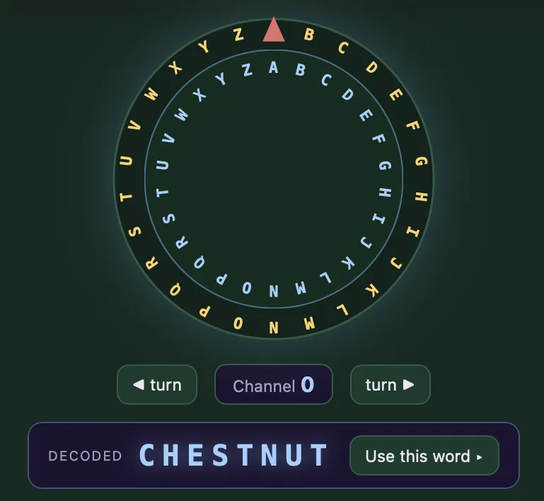 An interactive cipher wheel with turn buttons and a channel readout